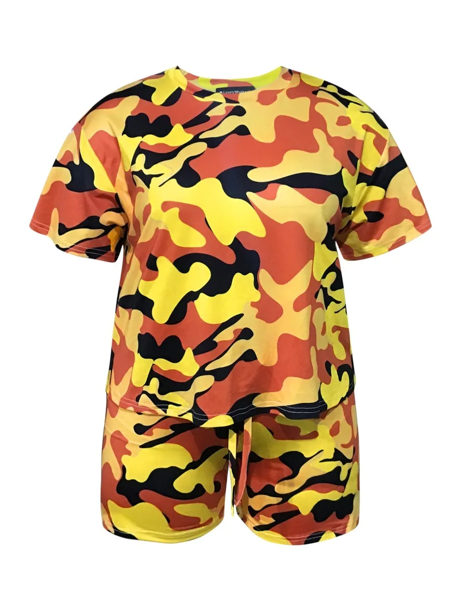 LW Plus Size shorts sets Camo Print Drawstring Shorts Set summer short sleeve T-shirt + shorts sets casual women's Two pieces se