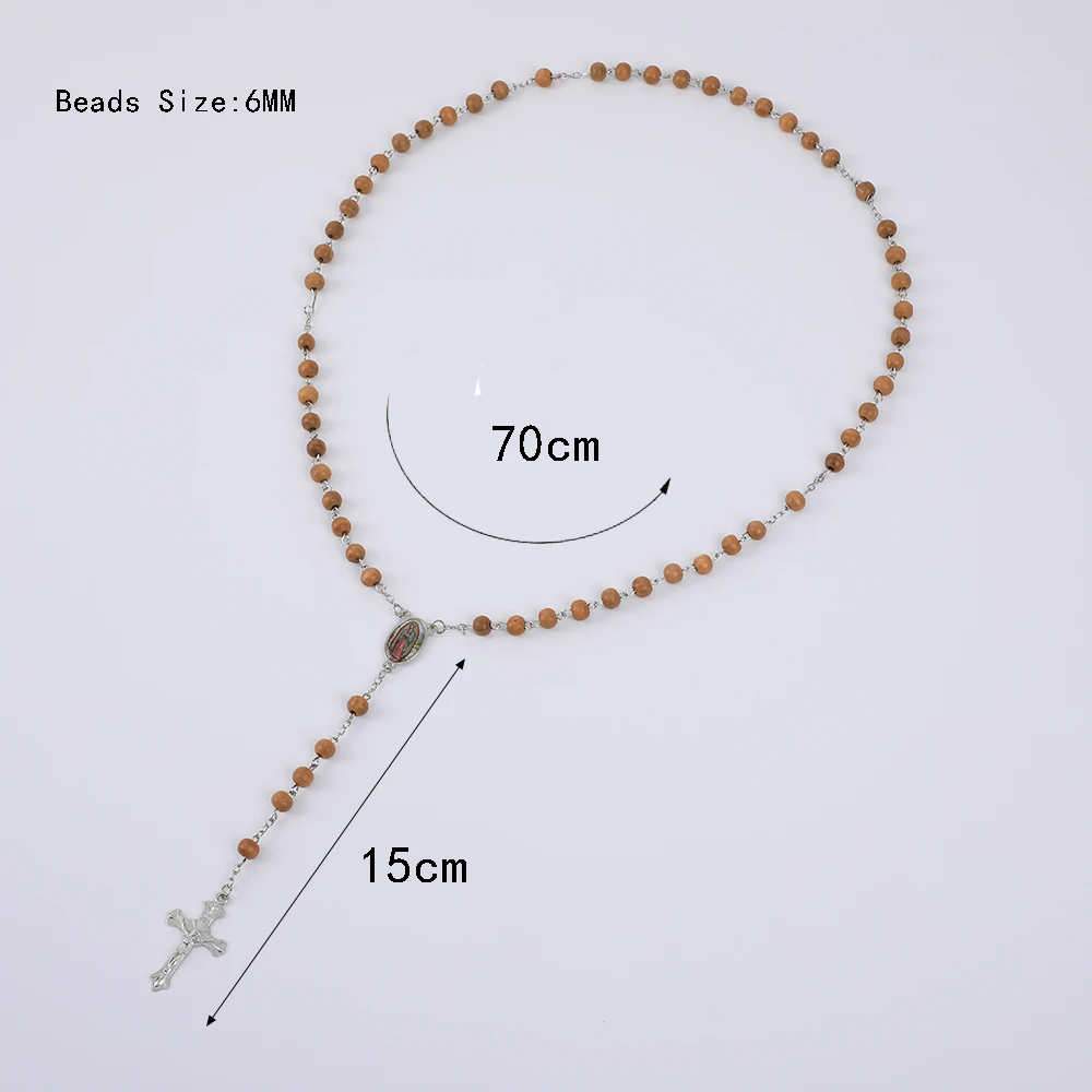 Wood Rosary Necklace For Women 6MM Wooden Prayer Beads Long Chain Religious Virgin Mary Cross Pendant Men Party Jewelry Gift
