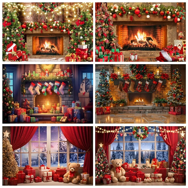 

Christmas Fireplace Backdrop for Photography Burning Fireplace Xmas New Year Winter Family Holiday Party Decor Photo Backgrounds