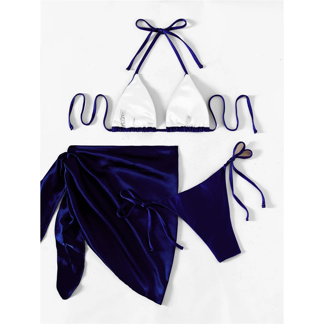Sexy Neckholder-Bikini mit Sarong, Damen-Badeanzug, dreiteiliges Bikini-Set, gepolsterter Badeanzug, Badebekleidung für Damen, V3243 – Detail 9