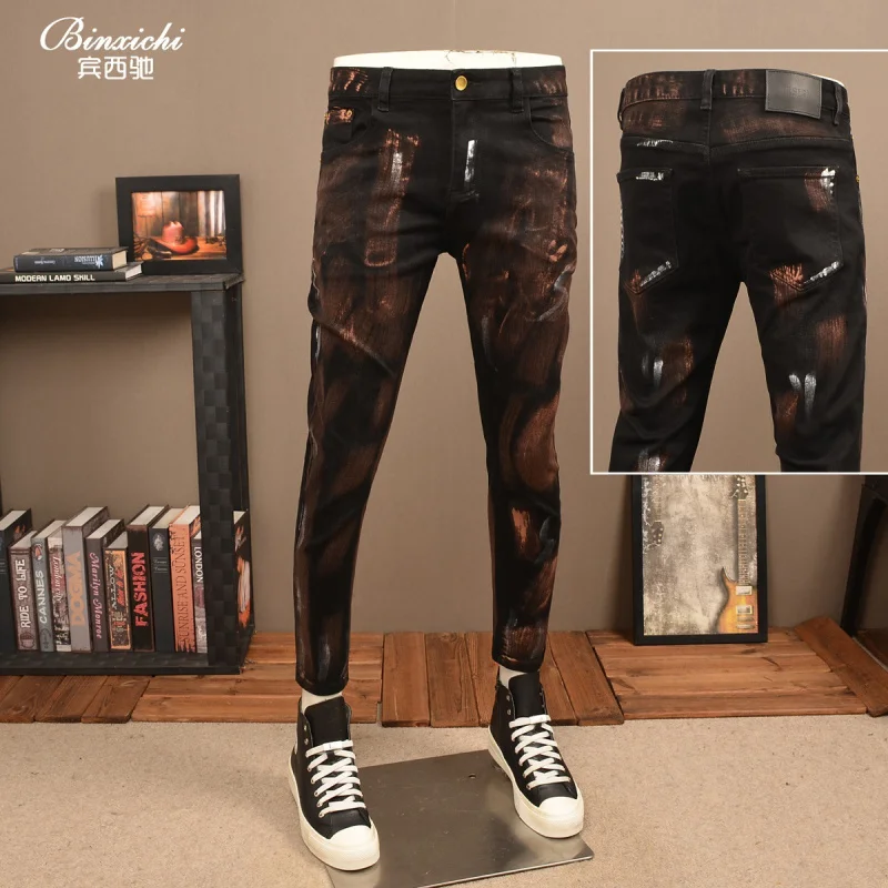 

Винтажные джинсы в стиле ретро, мужские черные модные модные элитные уличные эластичные узкие брюки с небольшой ногой