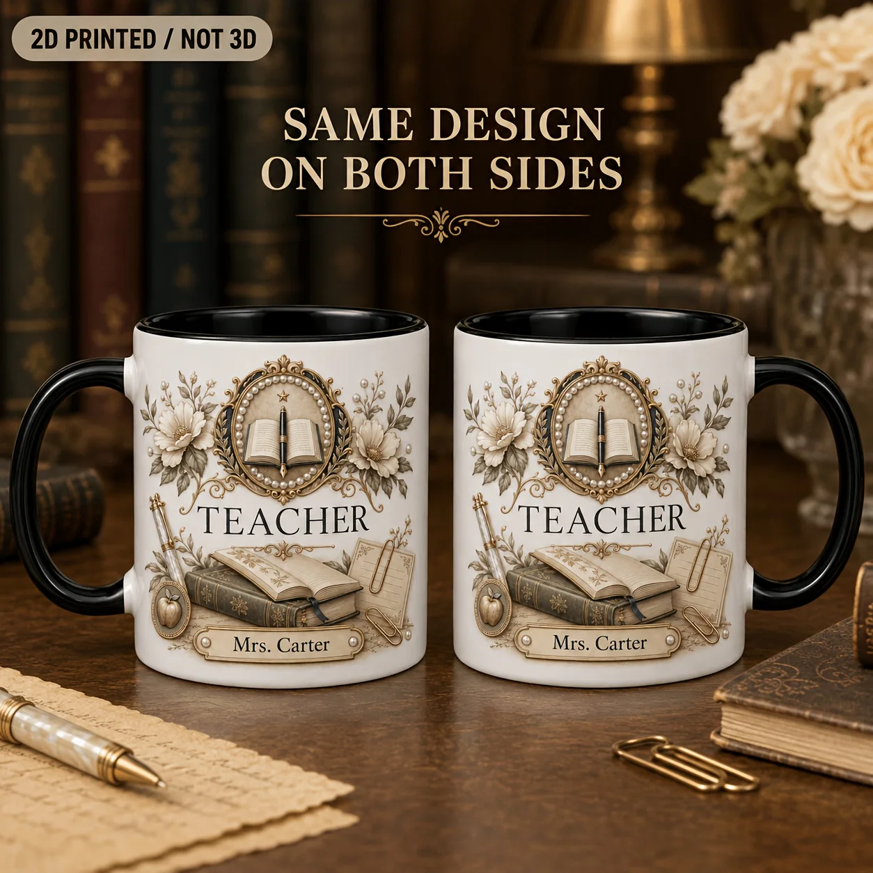 Personalized Teacher Mug 11oz Custom Name Ceramic Coffee Cup Vintage Book Pen Floral Design Educator Gift 5 Colors