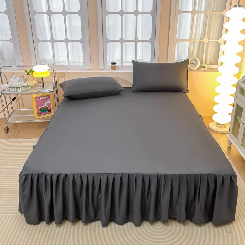 3pcs Black Bed Skirt Set Comfortable Skin-friendly Bedding with Pillowcase Hotel Dustproof Bedspread Adults Children Room Decor