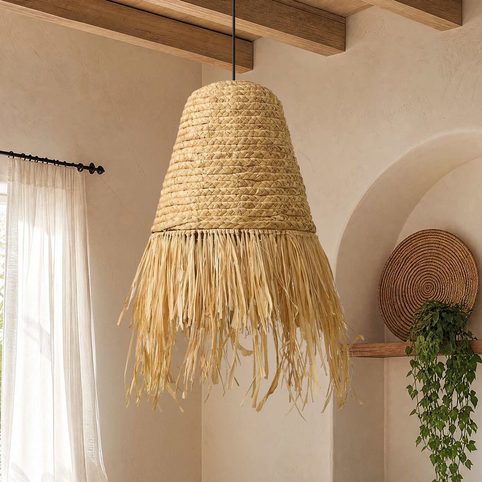 Bohemian Rattan Woven Lafite Grass Tassel Chandelier Dining Room Balcony Entrance American Countryside Large Pendant Light