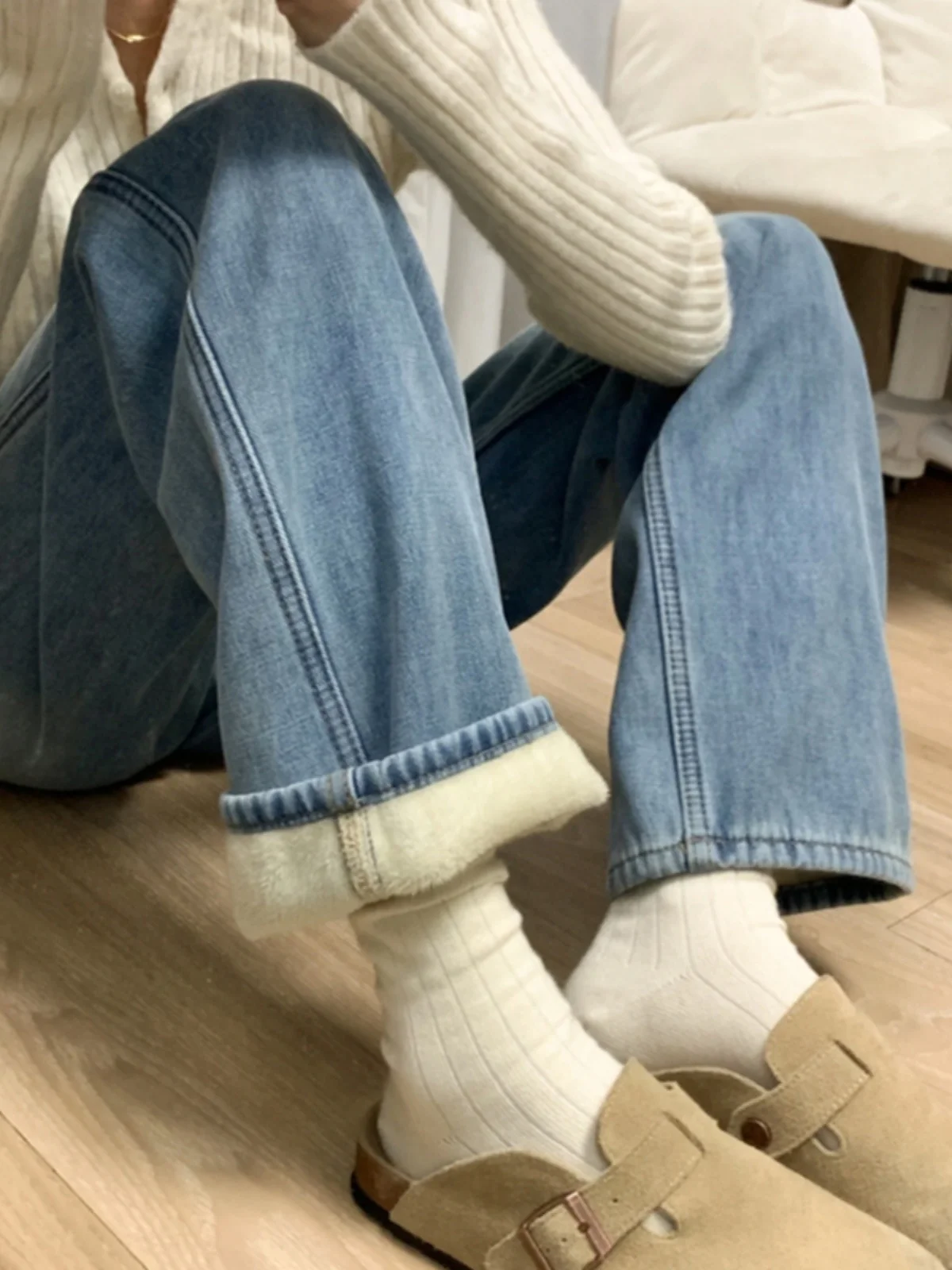 حجم كبير ارتفاع الخصر مستقيم الساق Fce اصطف واسعة الساق الجينز المرأة الخريف جديد Sle التخسيس الطابق طول بنطلون