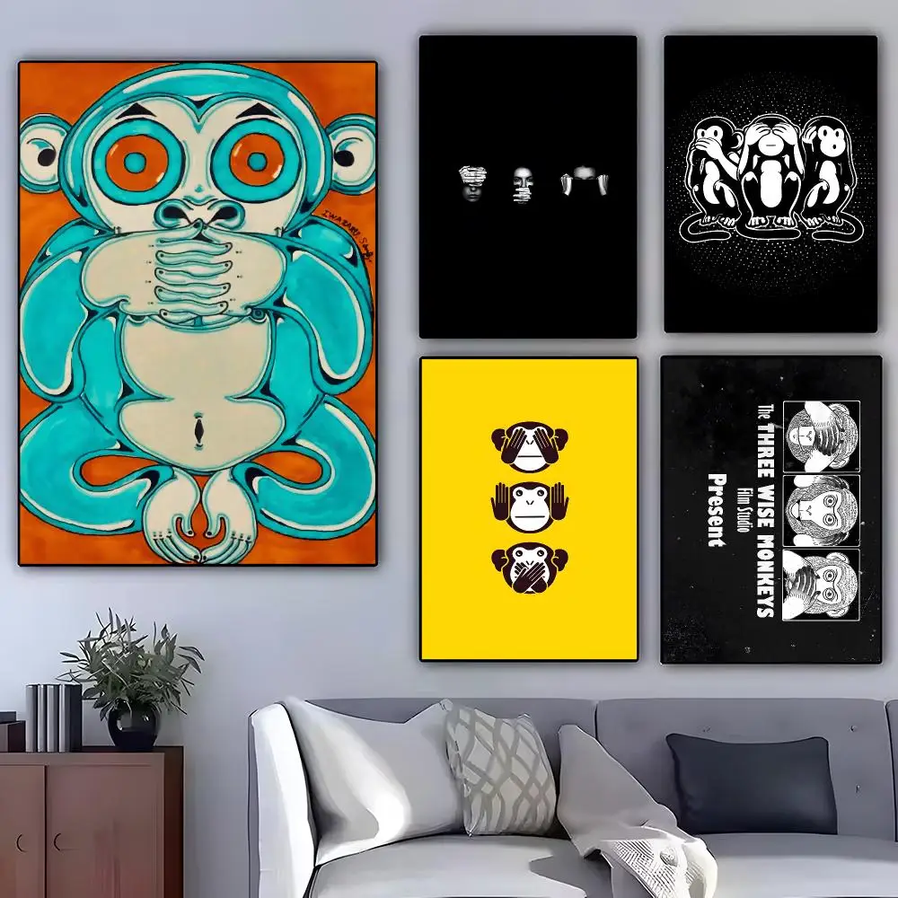 Three wise monkeys Painting Calligraphy Exhibition poster photo oil painting canvas synthetic fiber for living dining room