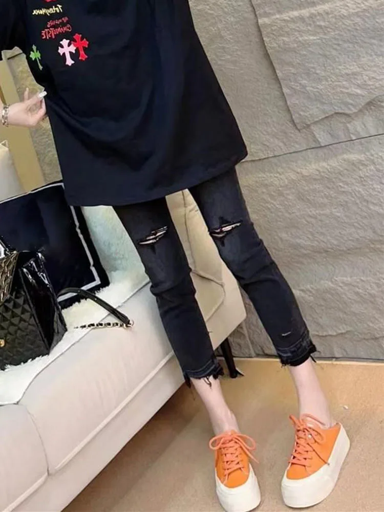 Lente Zomer 2024 Dames Plus Size Jeans met rechte pijpen Hoge taille Katoenmix Elastisch Verzwakte zoom Enkellange Afslanken