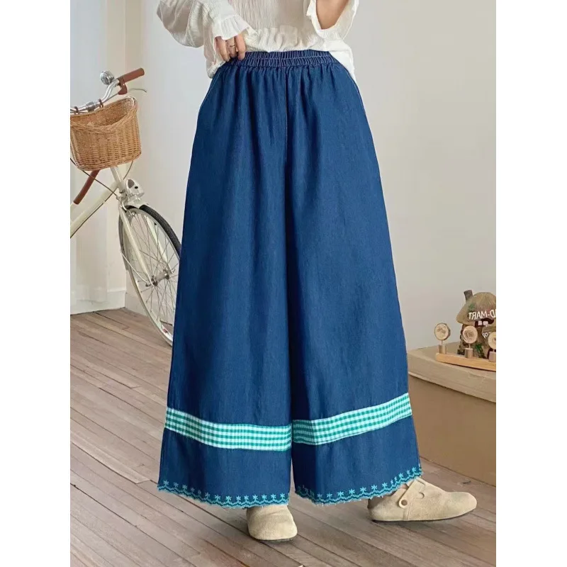 

Японские винтажные джинсовые широкие брюки Mori Girl в клетку с вышивкой в стиле пэчворк, женские осенние повседневные прямые джинсы с эластичной резинкой на талии