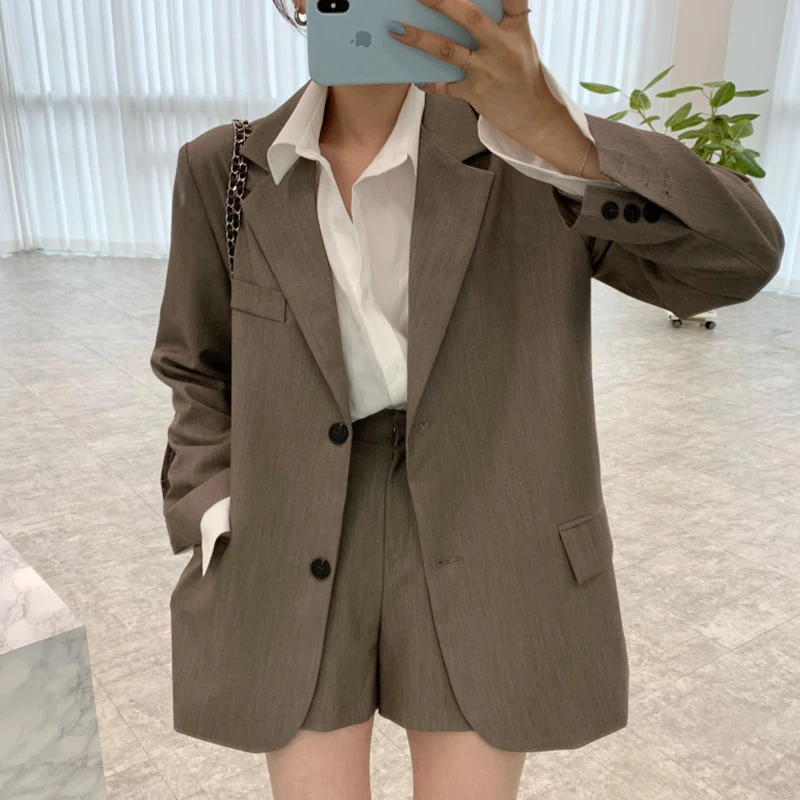 Chic Vintage Spring Long Sve Suit Jaet Loose High Waist Wide Leg Pants orts Set Women's Faion Cotton Blend Ensemble