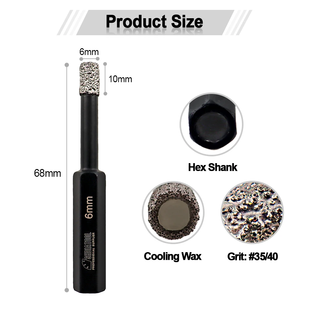 DIATOOL Dia 6mm Vaccum Brazed Diamond Drilling Bits For Stone(2PCS) Porcelain/tile,Masonry Hex Shank Dry Drill Bits