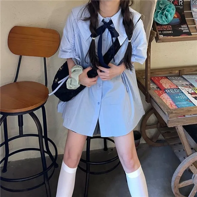 

Shirts Women Summer Shirring Sweet Soft Girlish Cute Lady All-match High Street Solid Single Breasted Preppy Style Loose Fashion