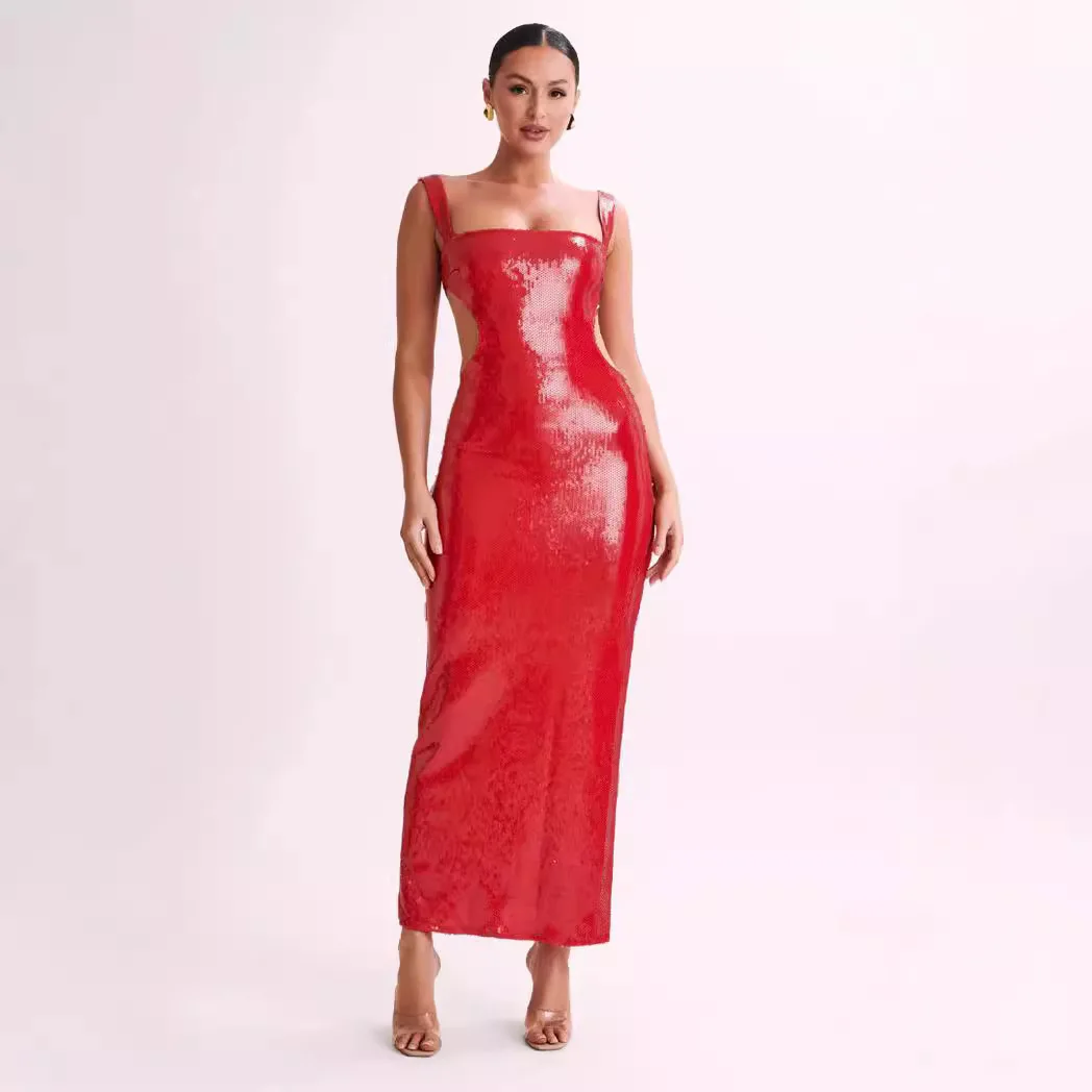 Vestidos de festa de lantejoulas de cor sólida feminino sexy baixo corte sem costas pacote hip magro baile de formatura vestido de noite moda na moda vestidos de banquete