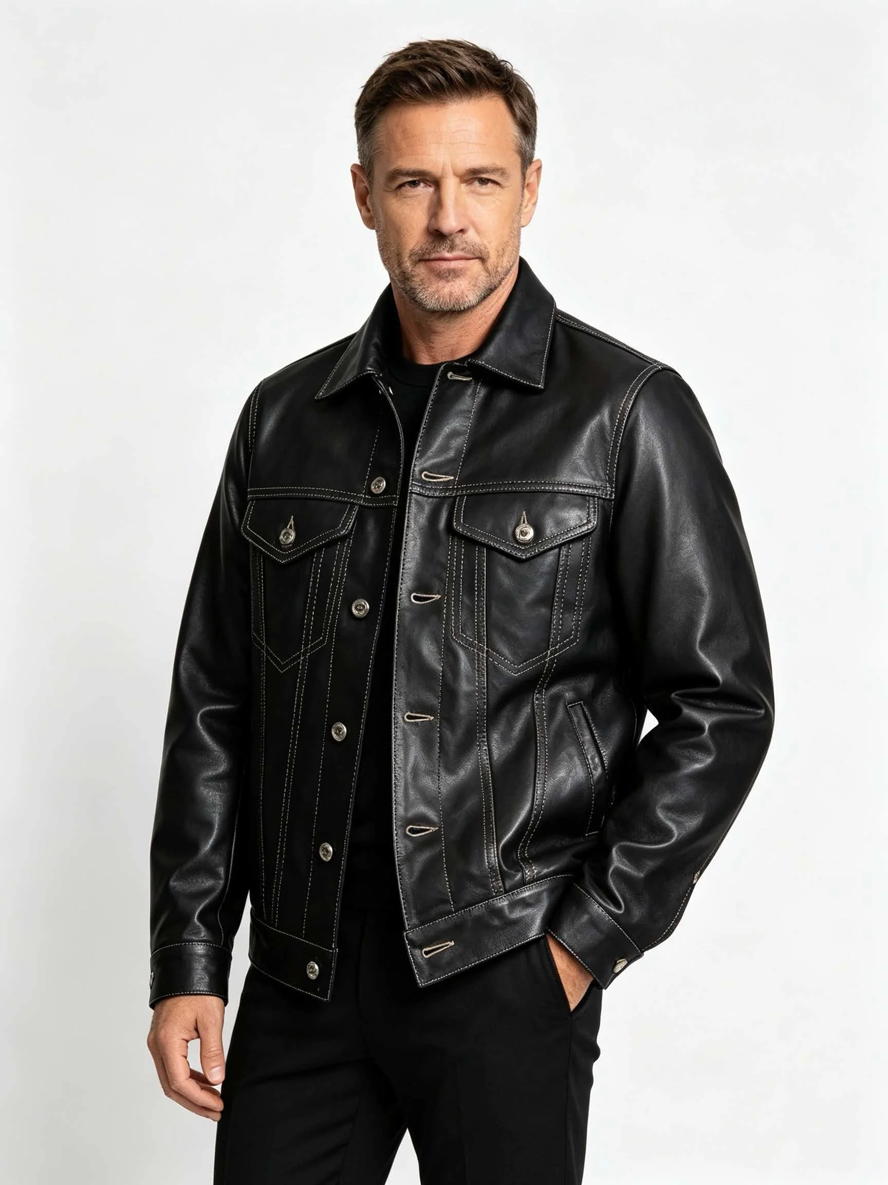 Men's Genuine Cowhide Leather Trucker Jacket Black Type III Style Leather Loop Button Front Concho Chest Pockets Denim Coat