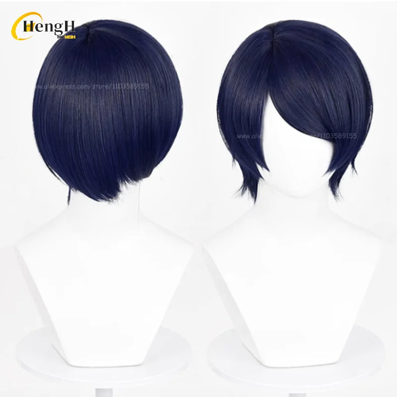 In Magazzino Gioco P5 Yusuke Kitagawa Capelli Sintetici Corti 29 cm Blu Nero Cosplay Anime Parrucca Resistente Al Calore Parrucche Del Partito Dei Capelli + Protezione Della Parrucca