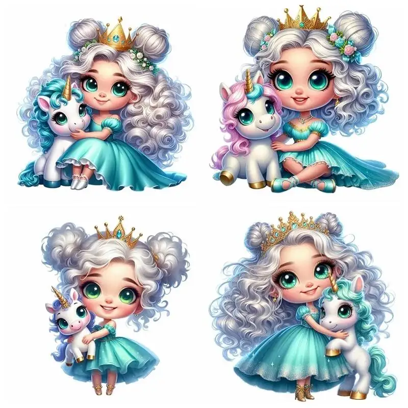 Cute Blue Unicorn Princess Pattern Children\'s clothing Accessory Iron On Fashion Stickers Heat Transfer Fabric Patches