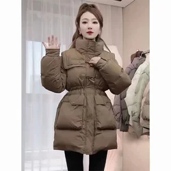 2025 Autumn and Winter New Waist and Horn Buckle Long Cotton-padded Clothes Ladies Fashion Slim Cotton-padded Jacket Collar Coat