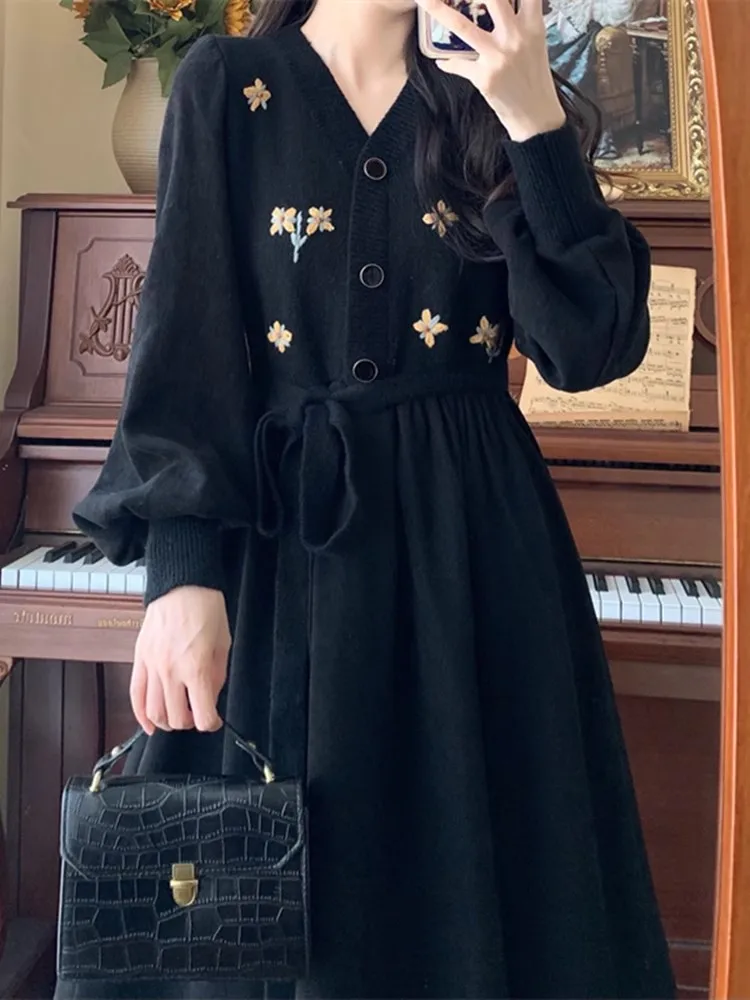 Fall Faion Long Slimming Hepburn Sle Bla Dr Women's High Waist A-Line Skirt Ele Dr Casual V-Ne Long Sve