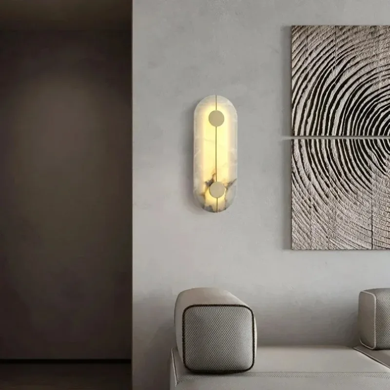 New French Copper Marble Wall Sconce, Dimmable Round Brass Lustre Lamp for Hotel