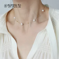 Stainless Steel Plated 18K Gold Korean Glass Pearl Handmade Chain Necklace Women Fashion Birthday Gift Jewelry