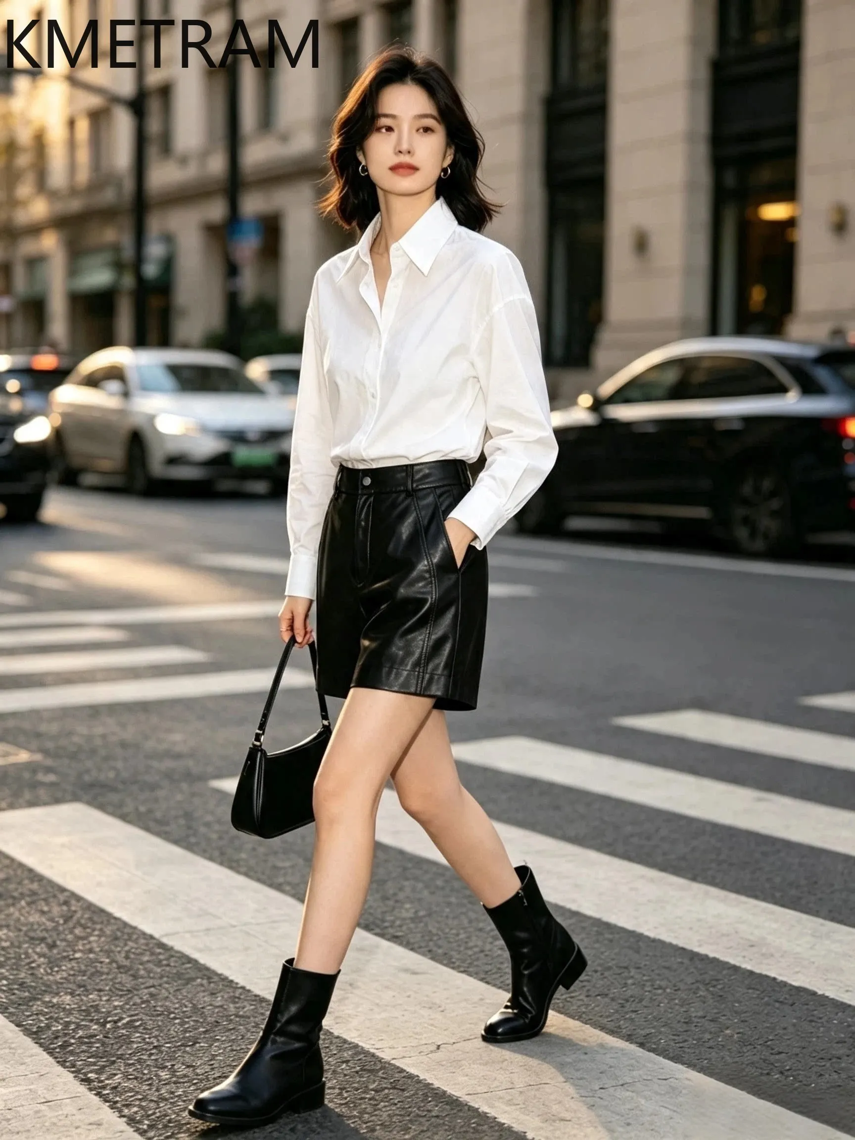 KMETRAM Full Vegetable Tanned Sheepskin Women's Shorts High Waist Genuine Leather Shorts Straight Shorts for Woman Trousers 바지