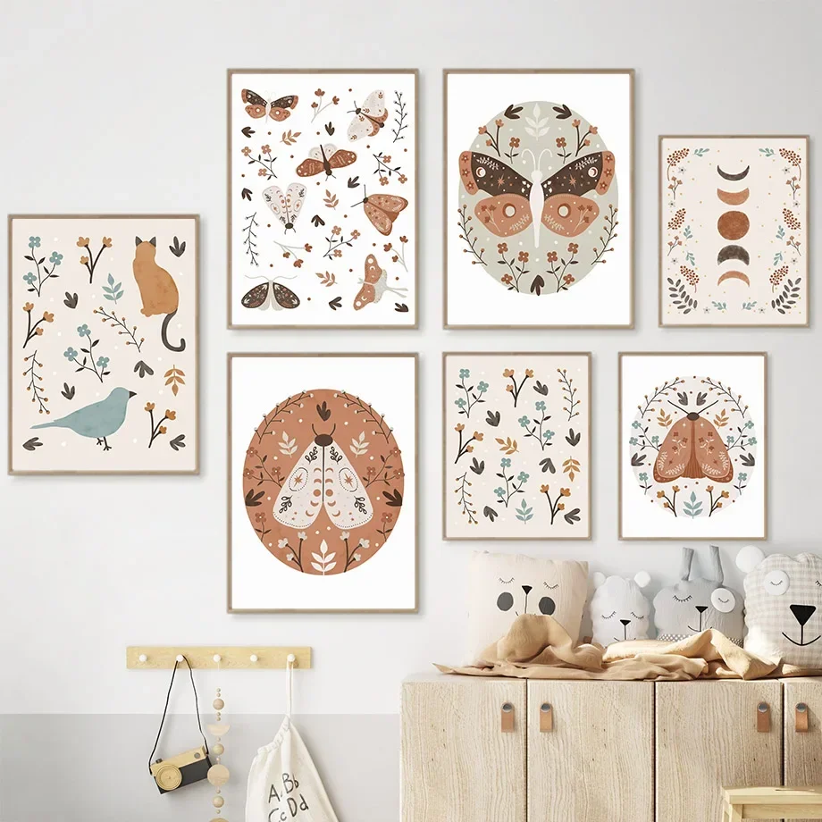 Multi-size 1PC frameless high-definition decorative paintings,Butterfly Cat Bird Flower Plant Nursery Wall Art Posters And Print