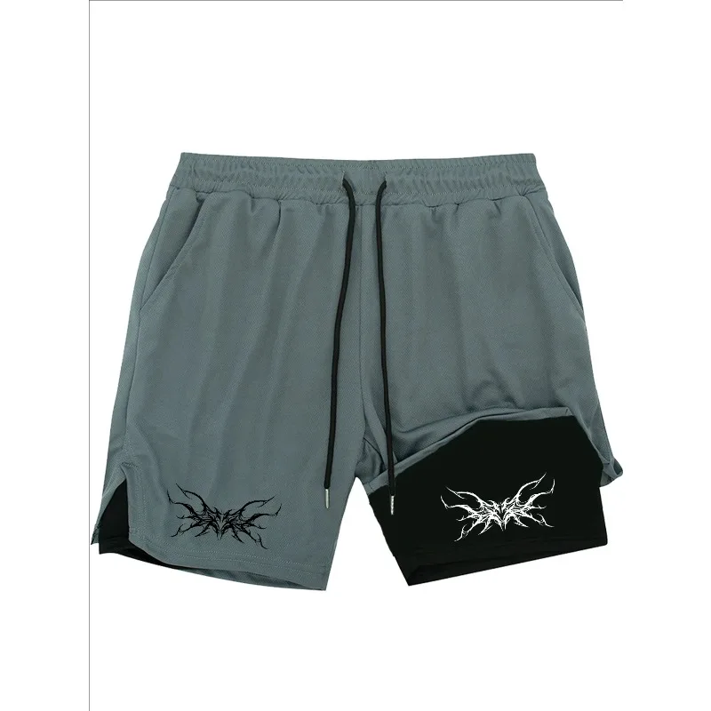 أنيمي رجل السراويل الرياضية 2 في 1 رياضة الركض الجري التدريب تنفس اللياقة البدنية طبقة مزدوجة المخفية جيب السراويل القصيرة