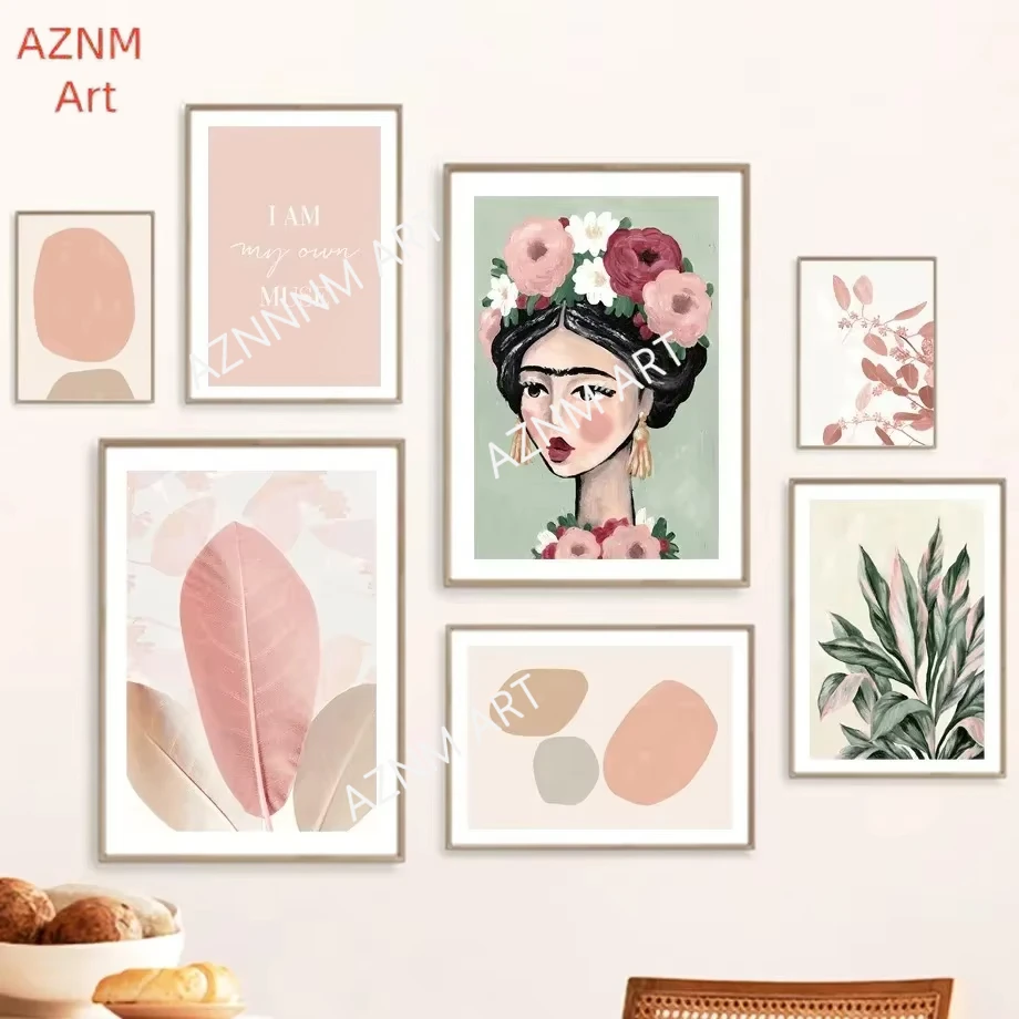 Pflanze Blatt Blumenmädchen Geometrie Farbblock Rosa Grün Abstrakte Poster Drucke Wandkunst Malerei auf Leinwand Wohnzimmer Home Decor