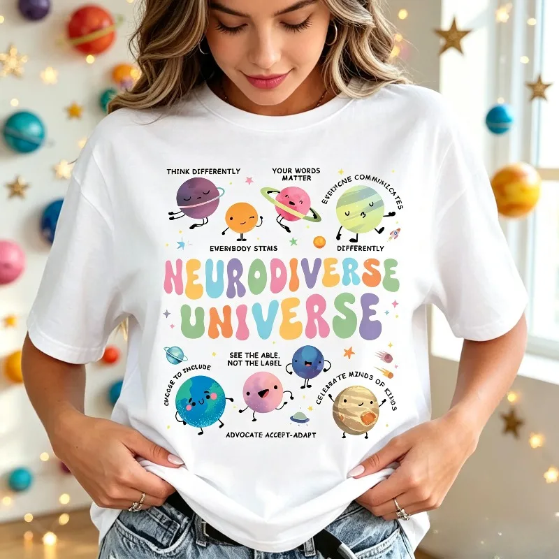 Neurodiverse Universe Women T-Shirt Colorful Planet Diverse Minds Print Modal Casual Teacher Autism Awareness Gift Top