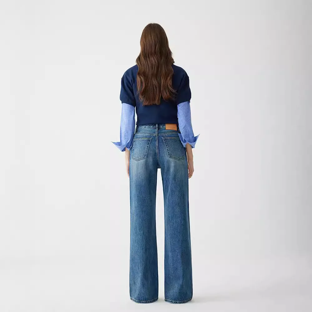 Women Denim Jeans High Waist Dark Blue Bleached Classic Fashion Straight Leg Stretchy Comfortable Breathable Cotton Jeans