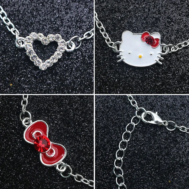 Sanrio Hello Kitty Necklaces Alloys Bracelets Earrings Girls Cartoon Cute Red Rhinestone Jewelry Sets for Women Christmas Gifts