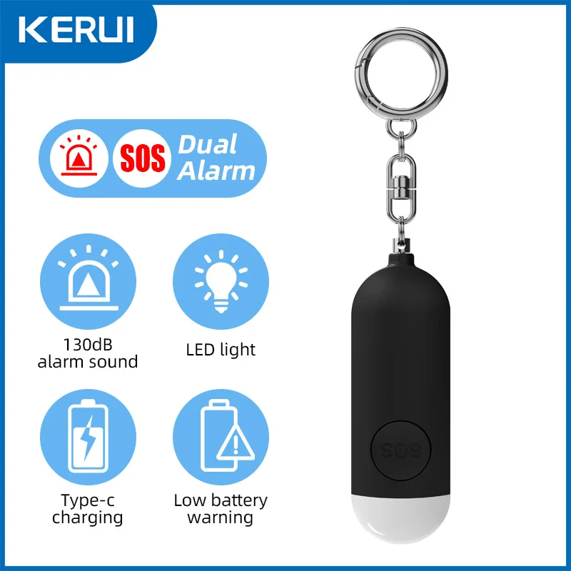 KERUI 130dB Self Defense Alarm with LED Light Rechargeable Women Kids Personal SOS Defense Safety Alarm Key Chain Emergency