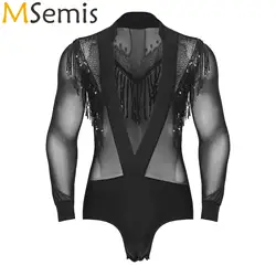 Mens Rhinestones Bodysuit Shirt Tops Sheer Mesh Sequined Tassels Deep V-neck Latin Tango Dance Leotard Performance Costume