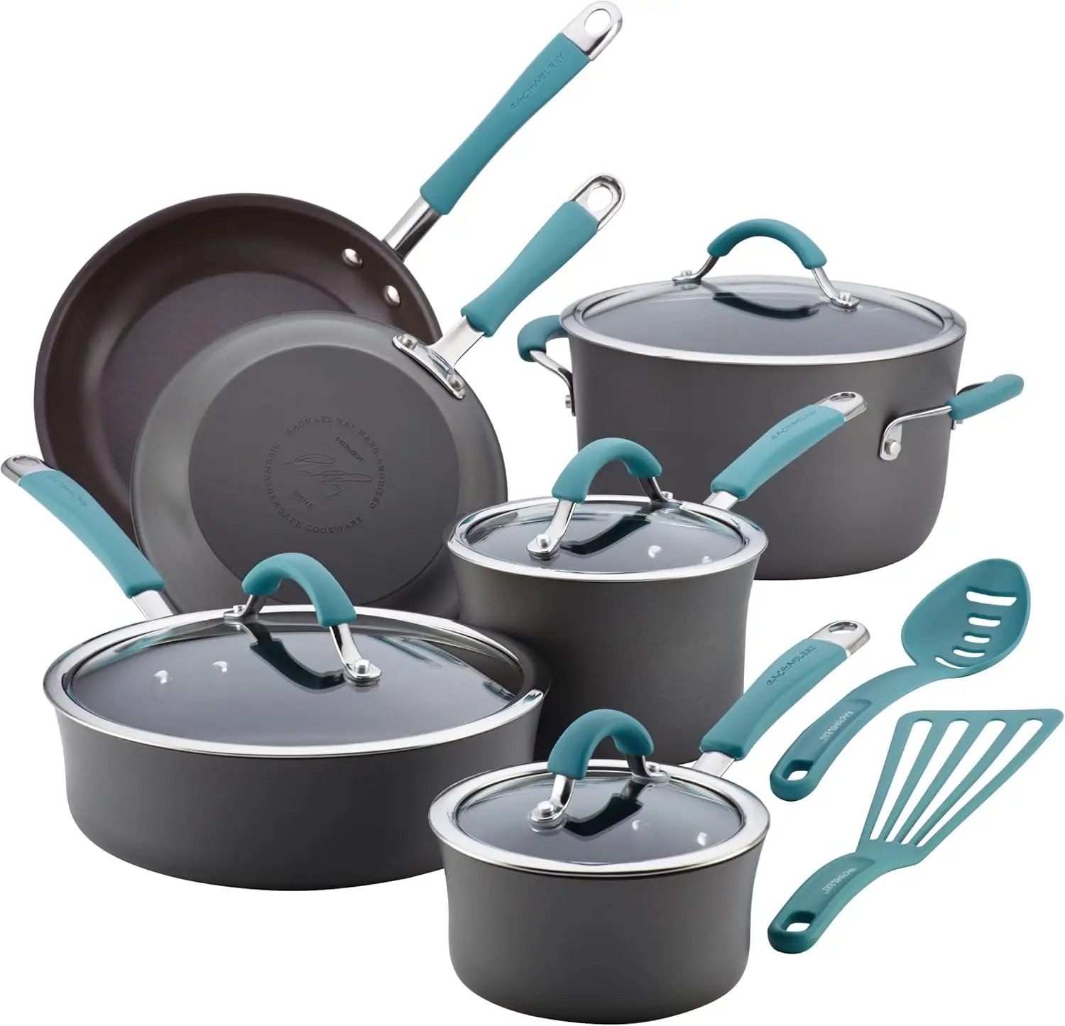 

12-Piece Gray and Blue Nonstick Cookware Set, Hard Anodized Pots and Pans for Easy Cooking