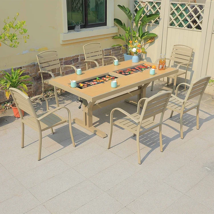 gr-Leisurer Aluminum Frame Restaur Outdoor Patio Balcony Modern Korean BBQ Grill Dine Table Set