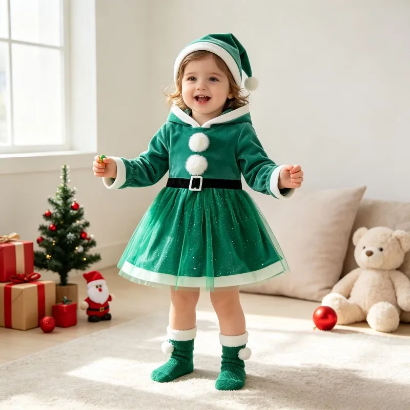Newborn Infant Baby Girls Christmas Romper Dress Green Hooded Velvet Pom Pom Black Belt Sparkle Tulle Outfit 0 24M