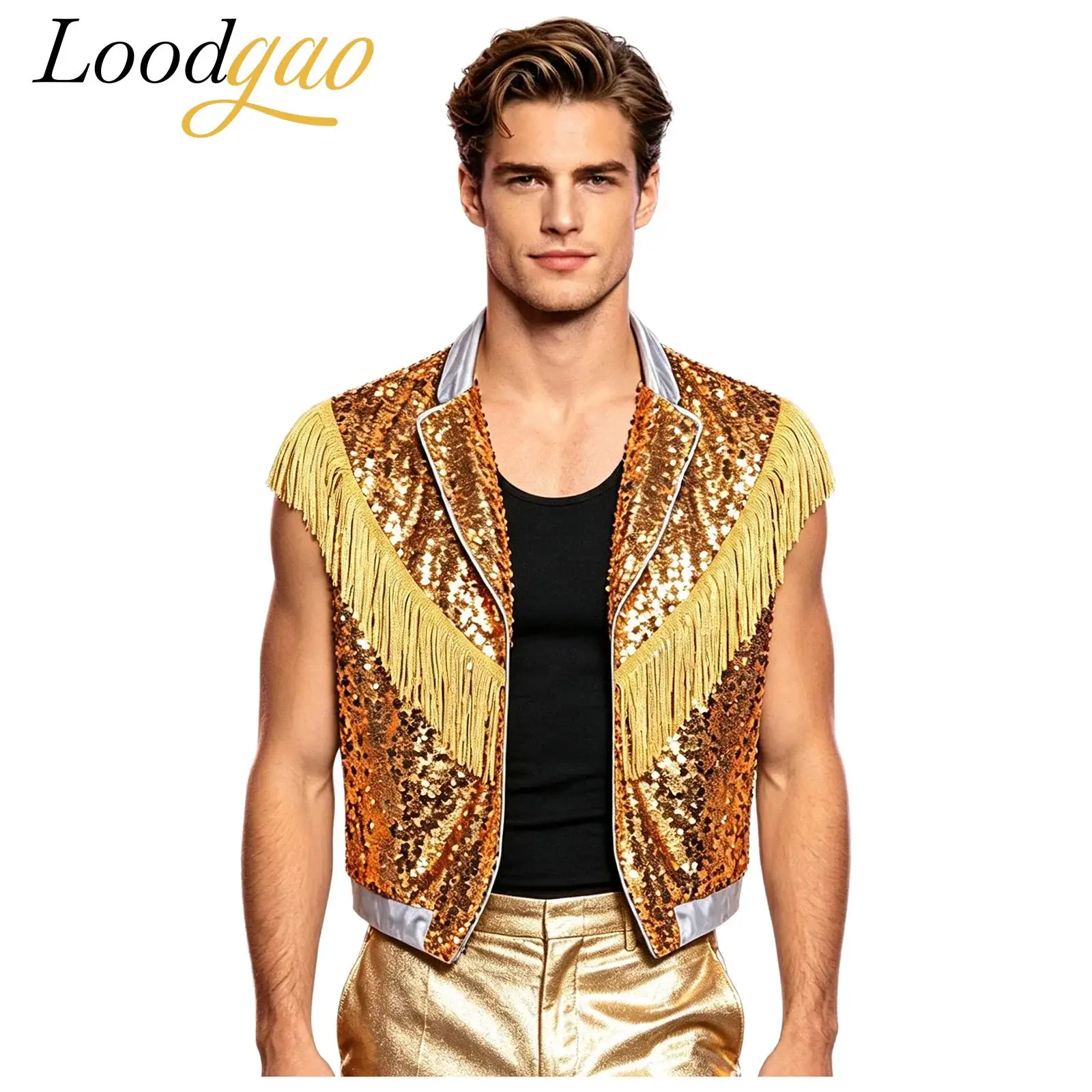 Men Fringe Hippie Costume Sparkling Sequin Vest Hip Hop Sleeveless Tassel Metallic Open Front Waistcoat for Nightclub Jazz Dance