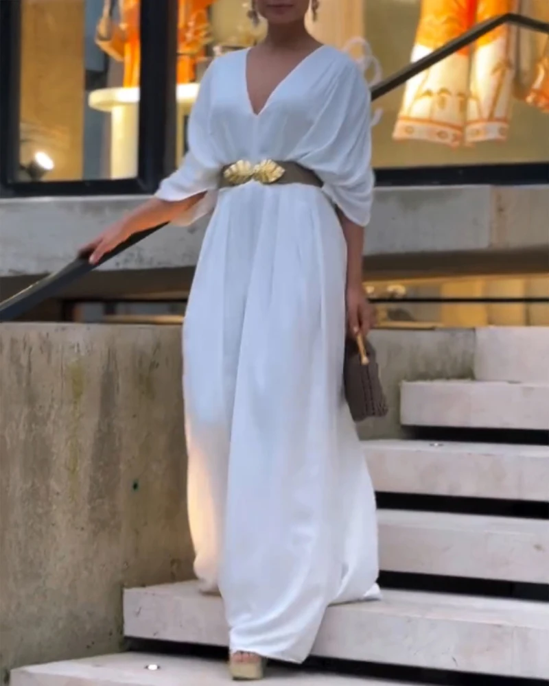 

Women's V-Neck Ruched Jumpsuit Slim Fit High Waist Wide Leg Half Sleeve High Waist Jumpsuit for Women