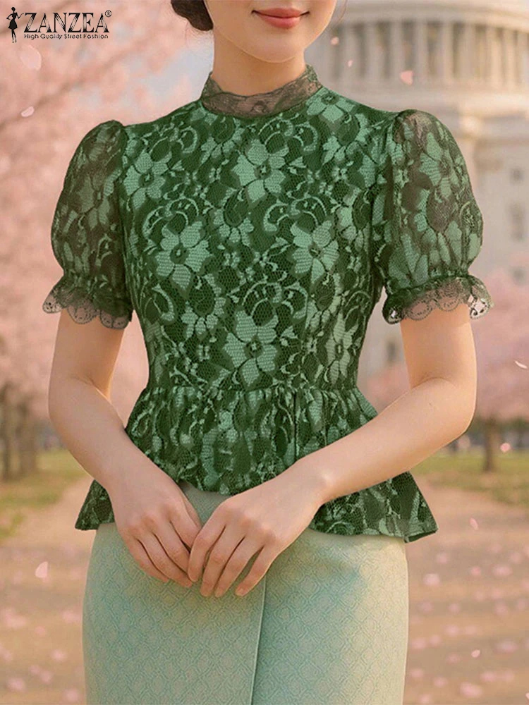 

ZANZEA Элегантная блузка OL, летние женские туники, топы, мода 2025 года, кружевные рубашки с короткими рукавами и цветочным принтом, бандажные повседневные офисные женские блузки