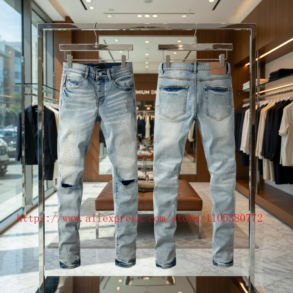 

Джинсы High Street с эффектом потертости, рваные, со стразами, узкого кроя, унисекс, модные джинсовые брюки, женские облегающие джинсы