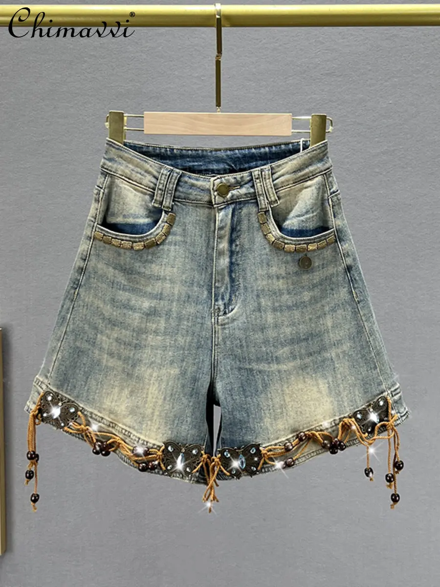 

Thin Denim Shorts for Women 2023 Summer New Fashion Stretchy High Waist Slim Shorts Retro Style Wide Leg A- Line Hot Pants