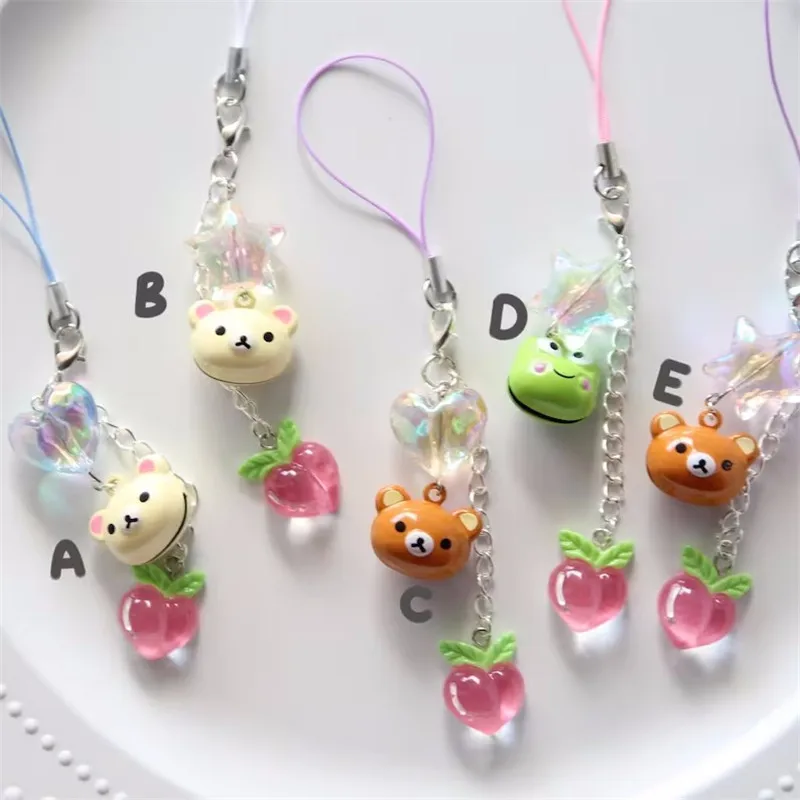 New Kawaii Peach Bell Phone Charm Creativity Keychain Accessories Frog Bear Phone Chain Star  Peach Heart-shaped Phone Pendant