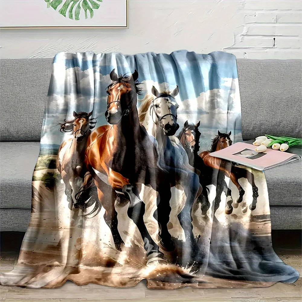 Soft & Cozy Flannel Throw Blanket with Running Horse Design - Versatile for Bed, Sofa, Camping | Easy Care, Machine Washable