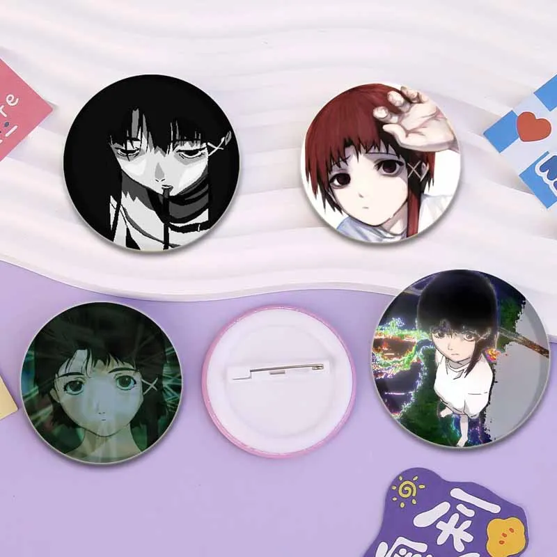 Serial Experiments Lain Badge Cute Anime Girl Lapel Pins 58mm Round Brooches for Backpack Clothes Accessories Fan Jewelry Gifts