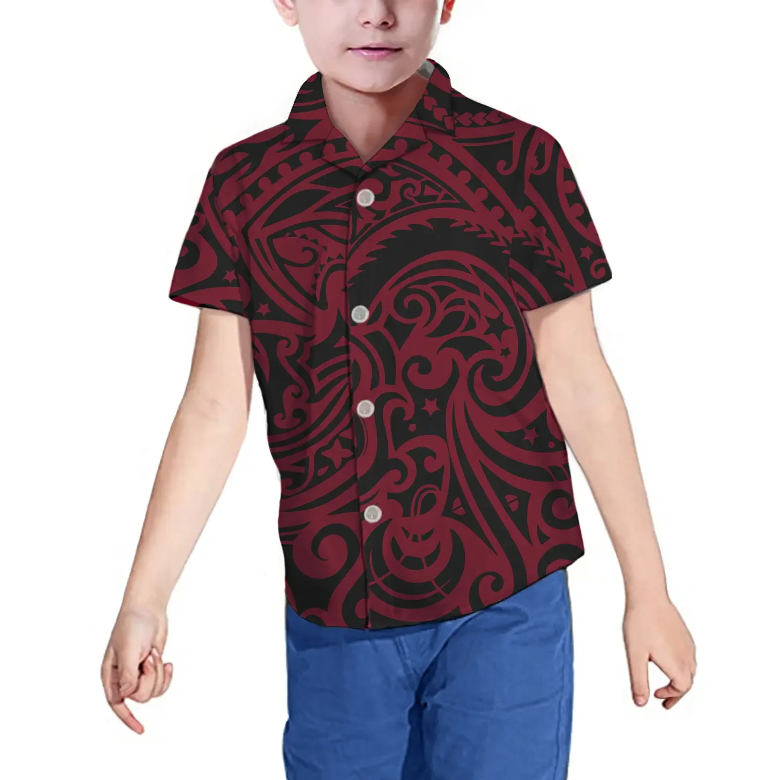 Polynesian Flower Print Kids Graphic Shirt, Youth Short Sleeve Shirt, Design Your Own Text, Image Photo, Personalized Custom