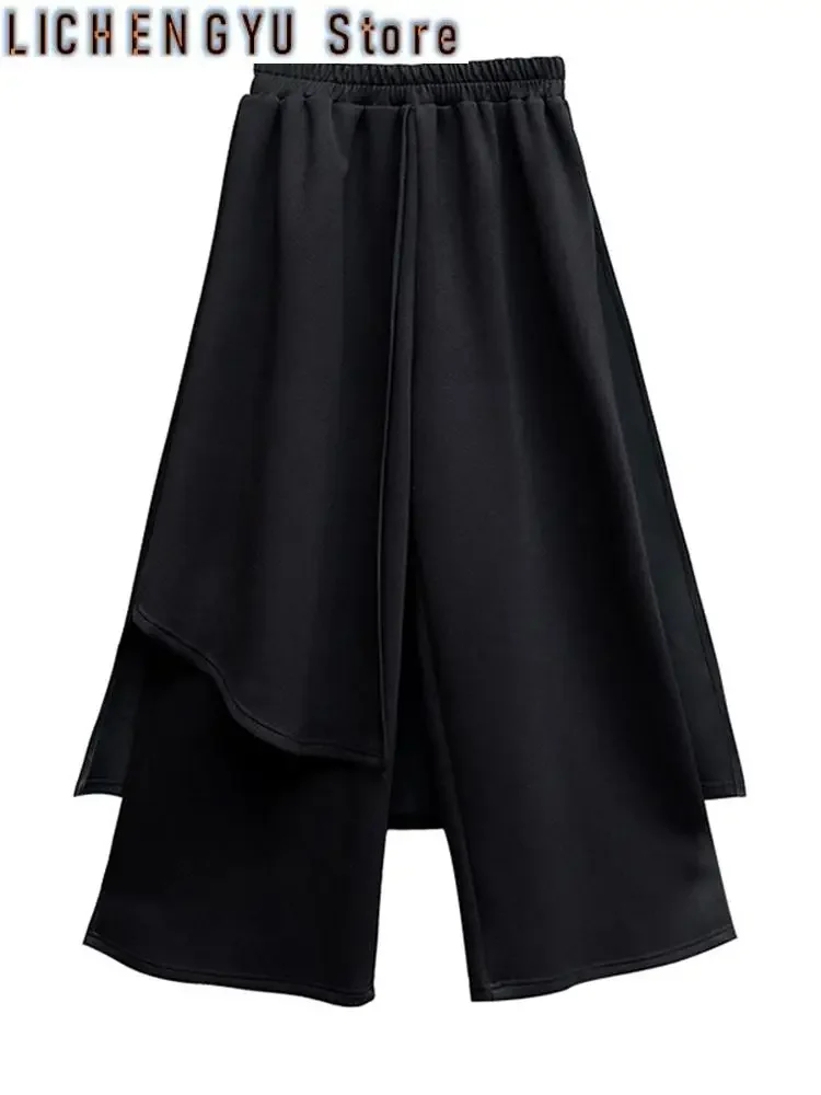 High Elastic Waist Black Irregular Long Wide Leg Trousers New Loose Fit Pants Women Fashion Tide Spring Autumn