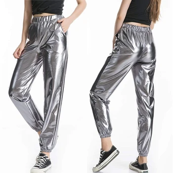 Glänzende Jogger hose Frauen Harem Hip Hop hoch taillierte glitzernde Streetwear elastische Hose