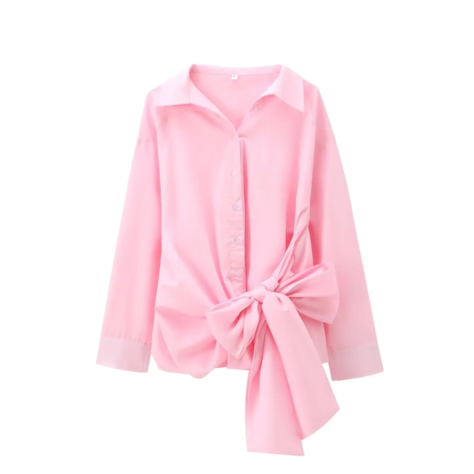 TRAFZA Woman New Fashion Shirts Pink Turn-Down Collar Long Sleeves Bow Decorate Single Breasted Autumn Blouses Woman Trendy