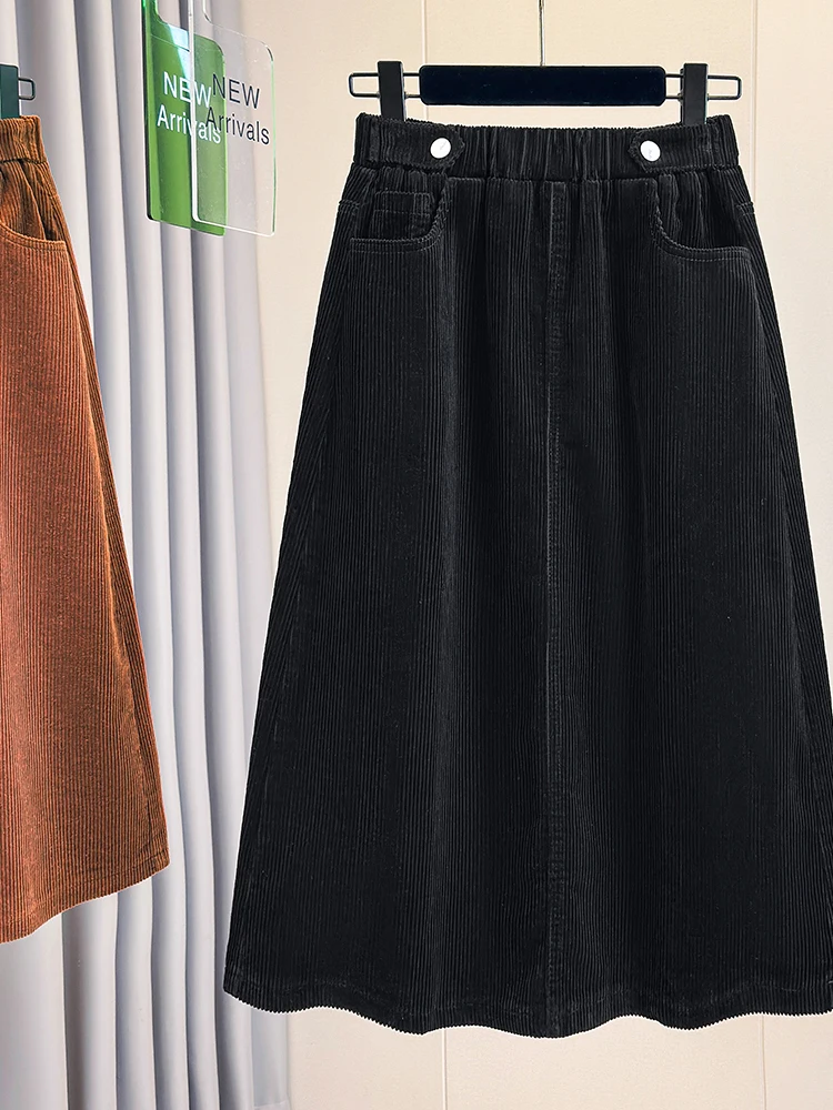 Autumn New Style Corduroy A-Line Midi Skirt High Waist plus Size Women's Loose Fit Casual Cotton Polyester Blend Skirt