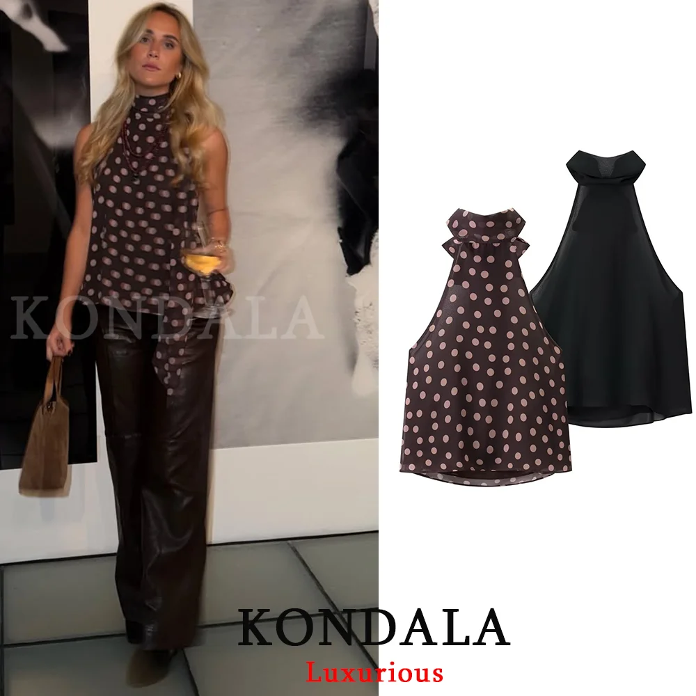 KONDALA بلوزات نسائية مثيرة أنيقة مطبوعة بنقاط رسن بدون ظهر قصيرة من الشيفون موضة 2025 قطع علوية أنيقة للحفلات والعطلات Y2K للفتيات