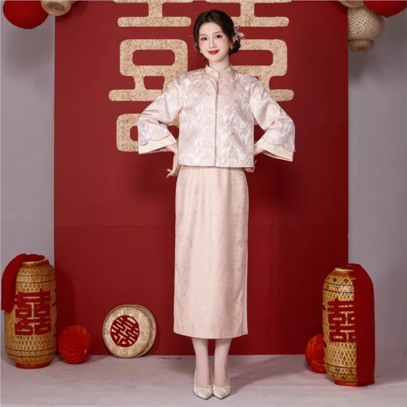 

Новый комплект из двух частей с розовой юбкой Cheongsam в китайском стиле